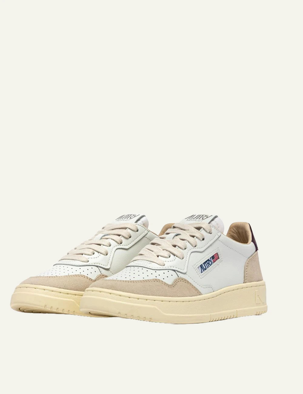 Autry women’s white leather sneakers with beige suede and burgundy details profile