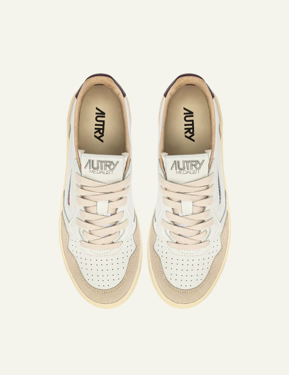 Autry women’s white leather sneakers with beige suede and burgundy details top