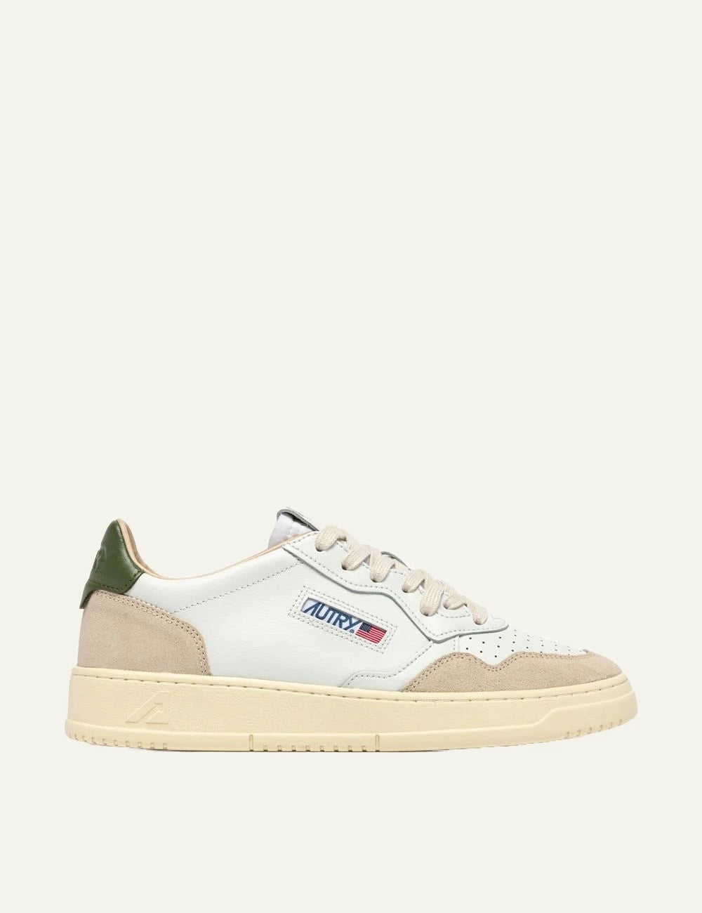 Autry Men’s White Leather And Beige Suede Sneakers With Green Details