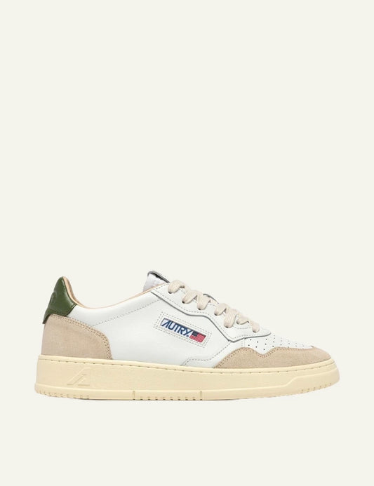 Autry Men’s White Leather And Beige Suede Sneakers With Green Details