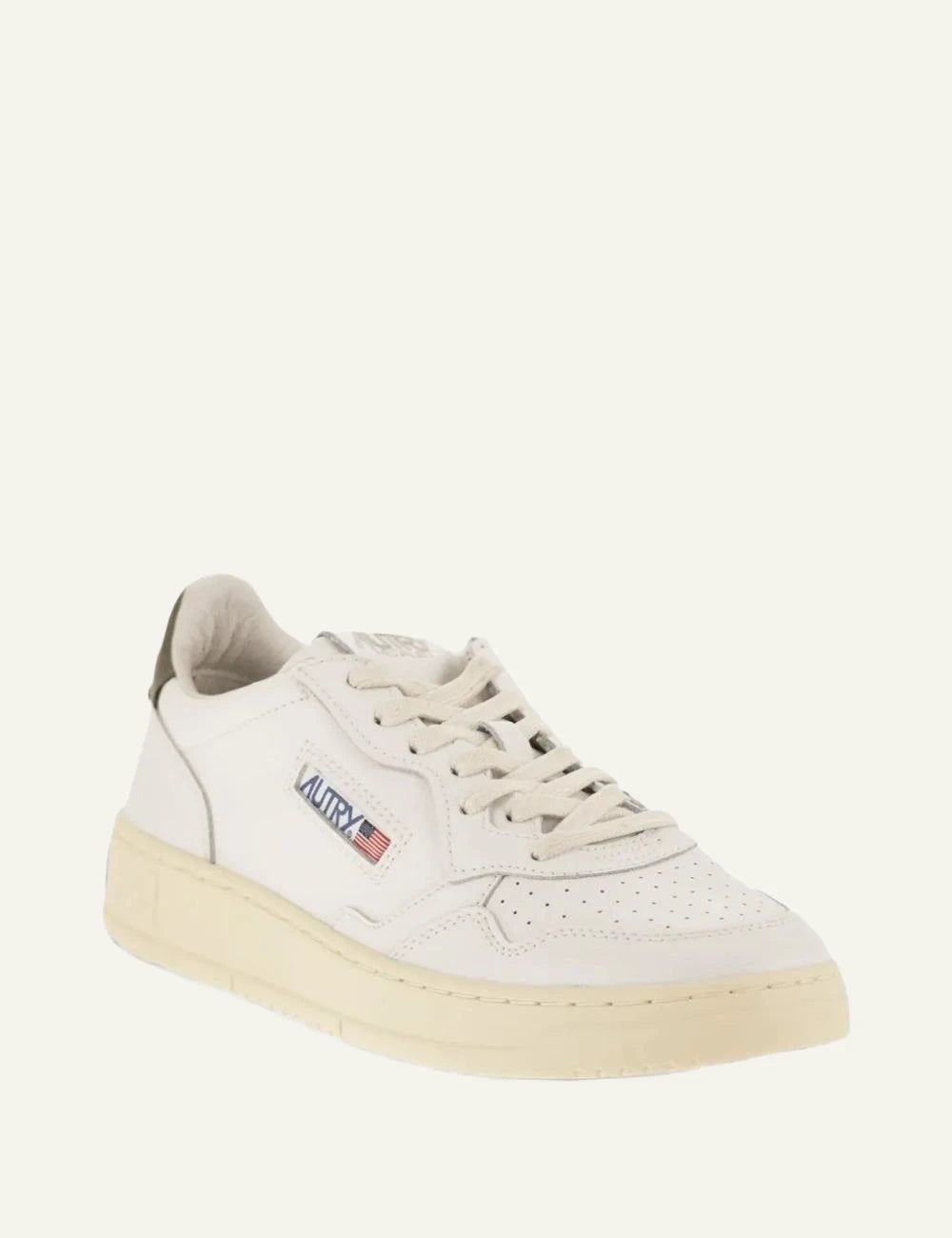 Men's Autry white leather sneakers with brown heel angled