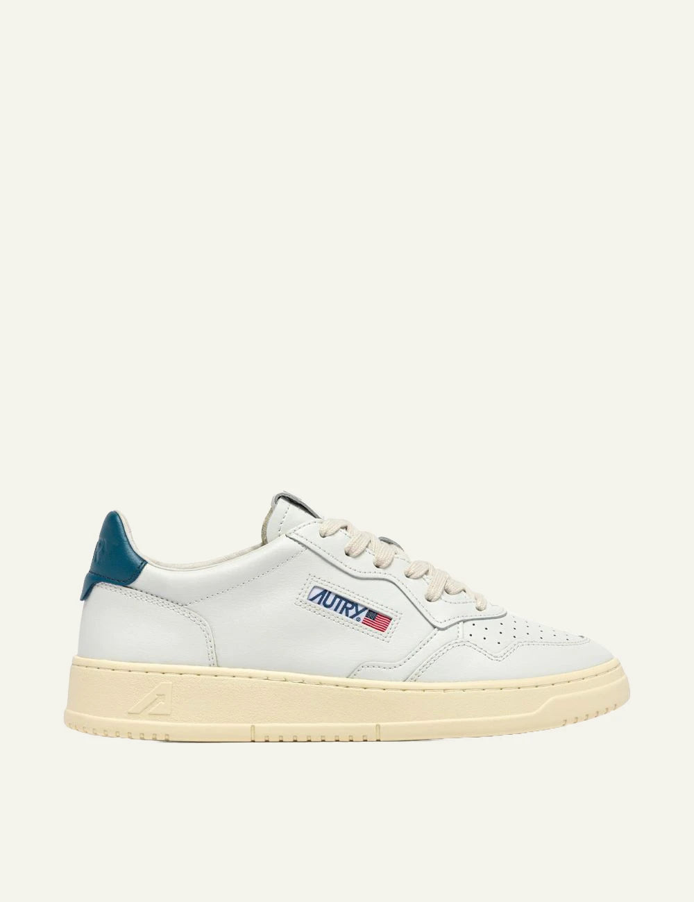 Autry Men’s White Leather Sneakers With Petrol Blue Heel Tab
