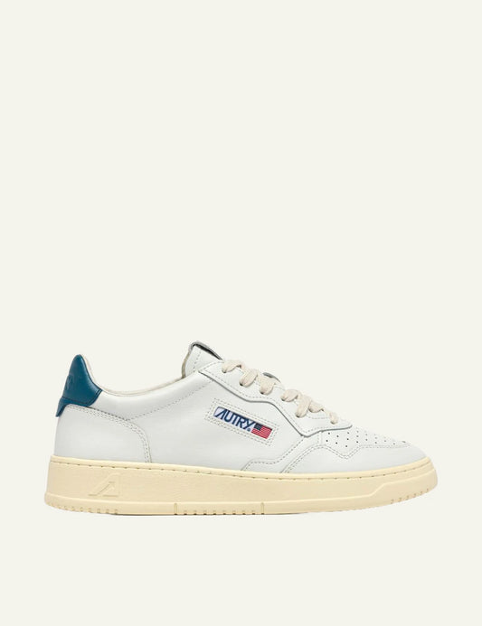 Autry Men’s White Leather Sneakers With Petrol Blue Heel Tab