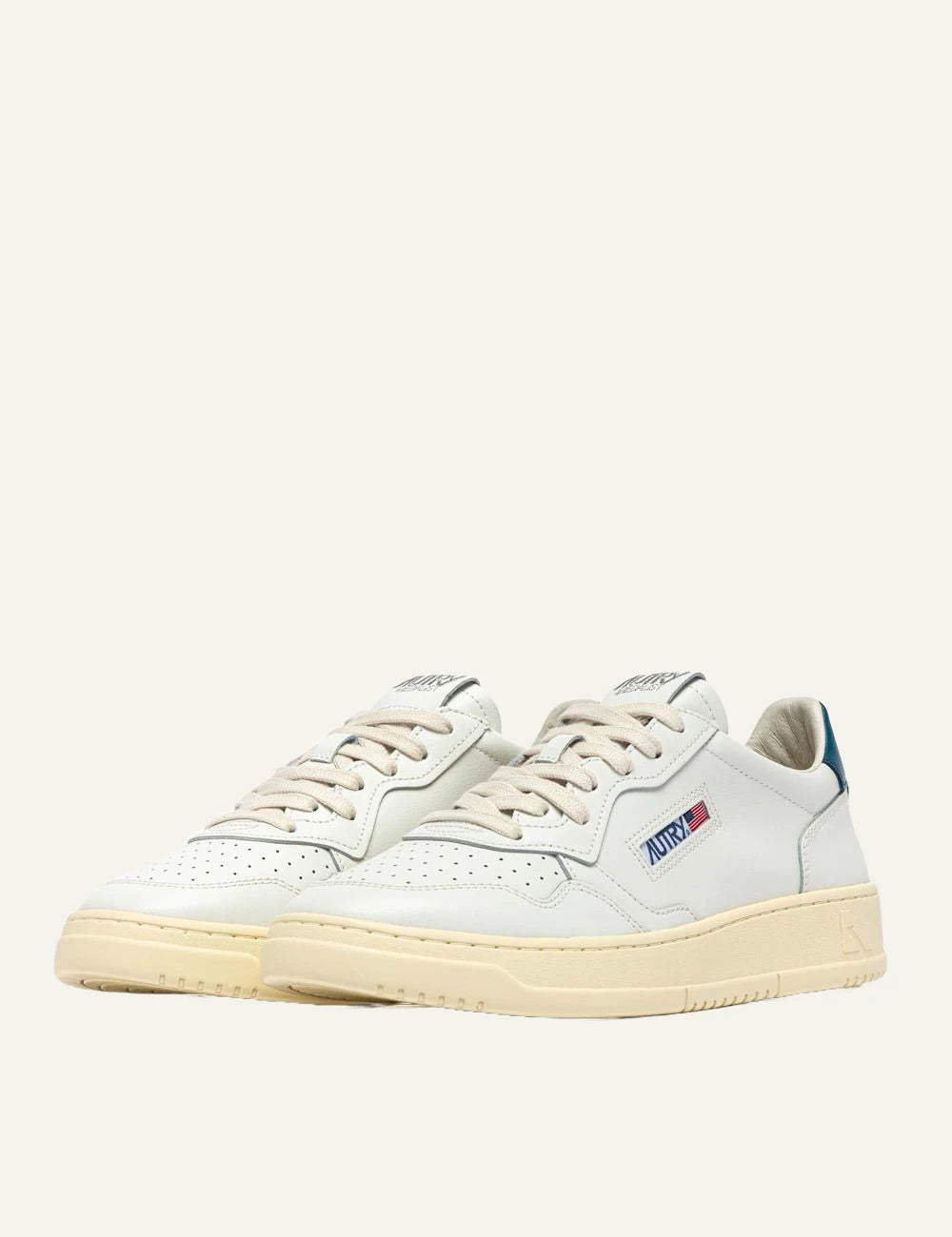 Autry Men’s White Leather Sneakers With Petrol Blue Heel Tab profile