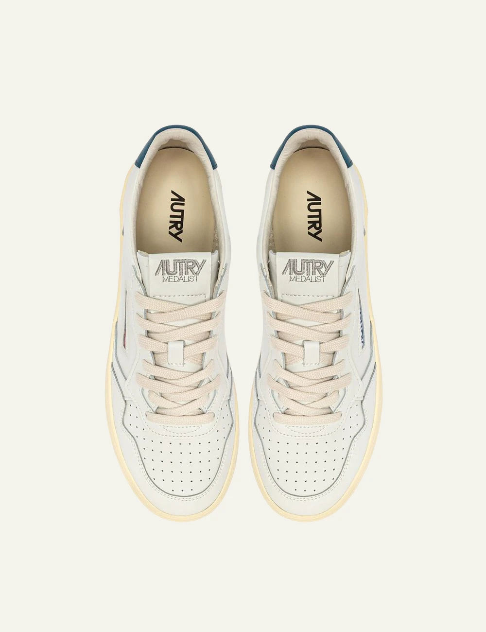 Autry Men’s White Leather Sneakers With Petrol Blue Heel Tab top