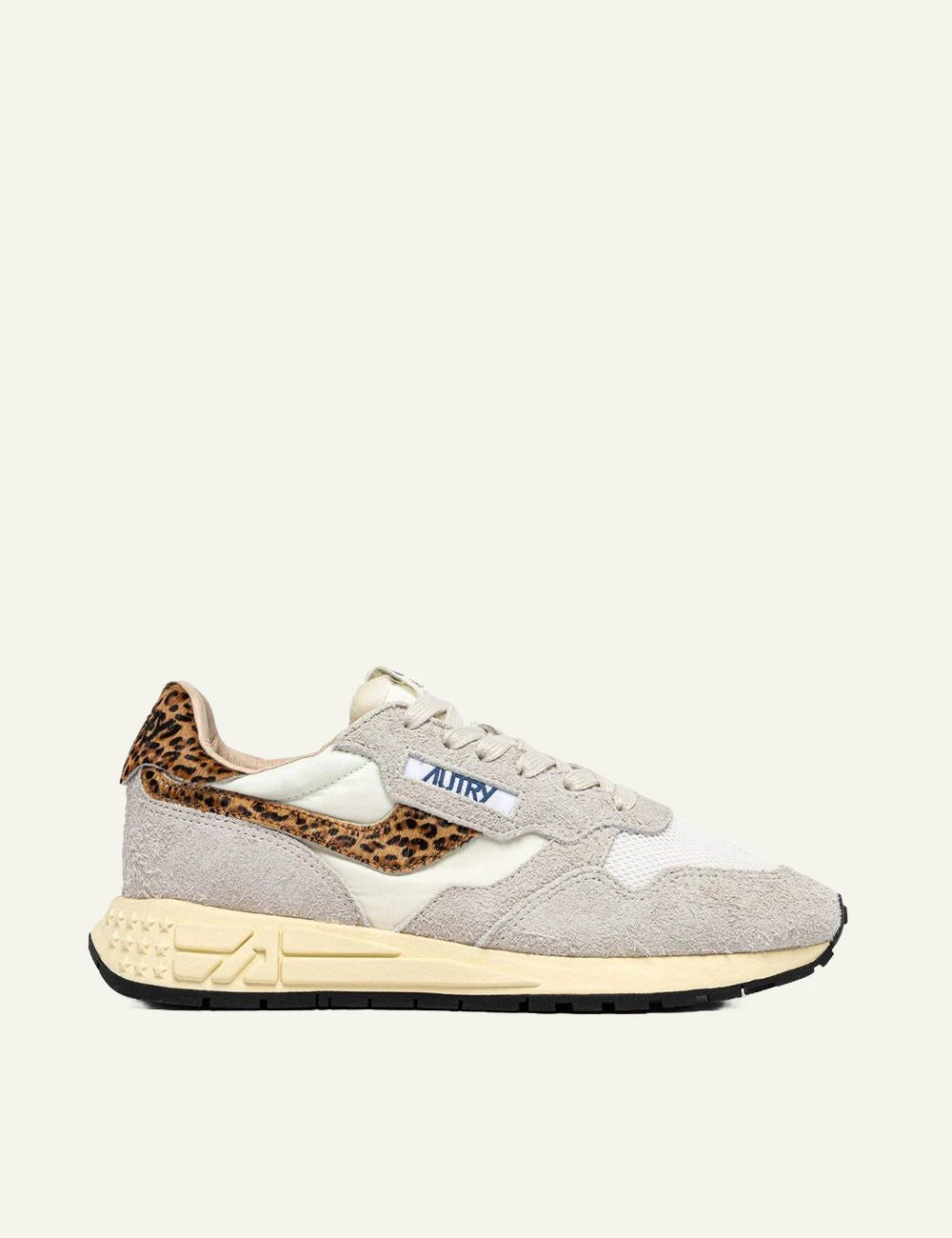 Autry women’s Reelwind Low white suede and mesh sneakers with leopard-print details side view