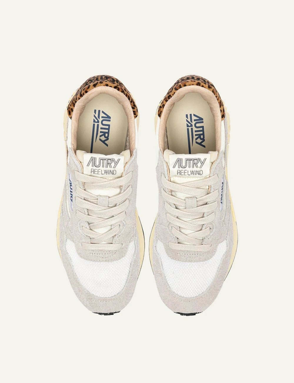 Autry women’s Reelwind Low white suede and mesh sneakers with leopard-print details top view