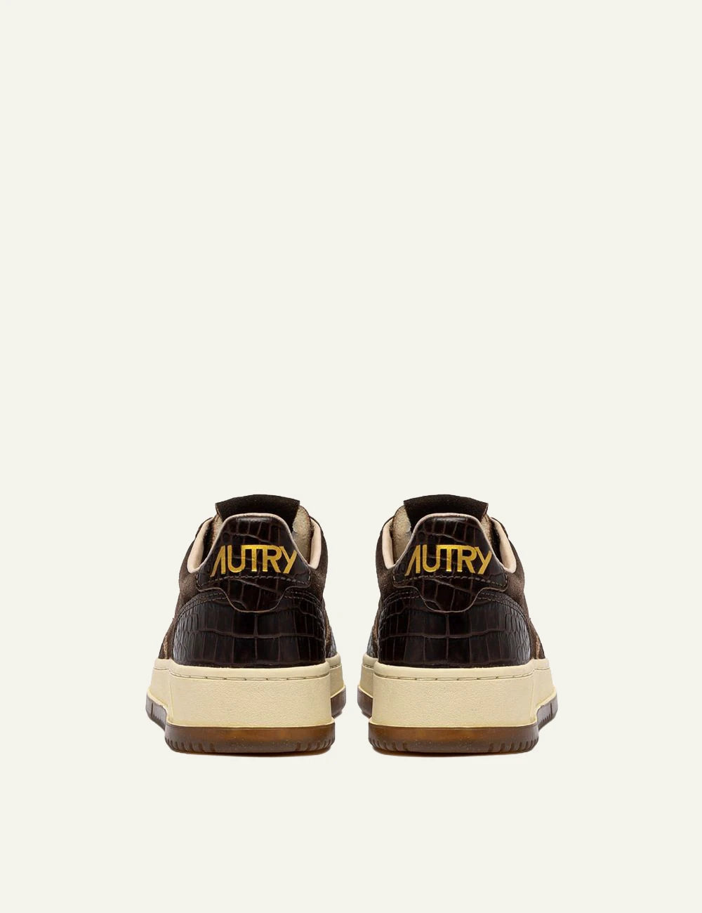 Autry women’s brown suede sneakers with crocodile-effect leather details back