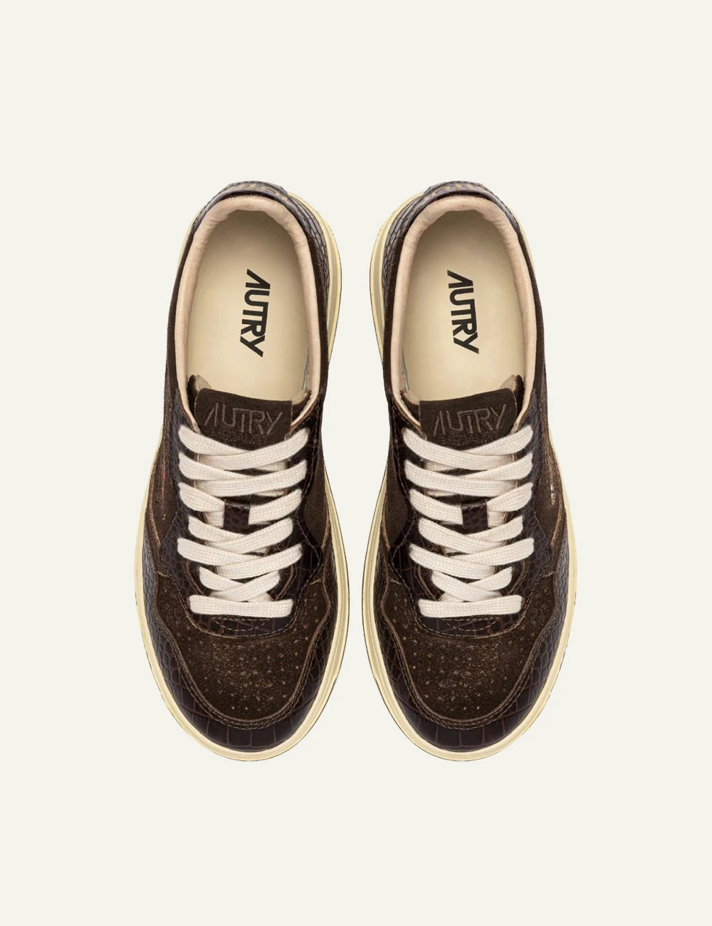 Autry women’s brown suede sneakers with crocodile-effect leather details top