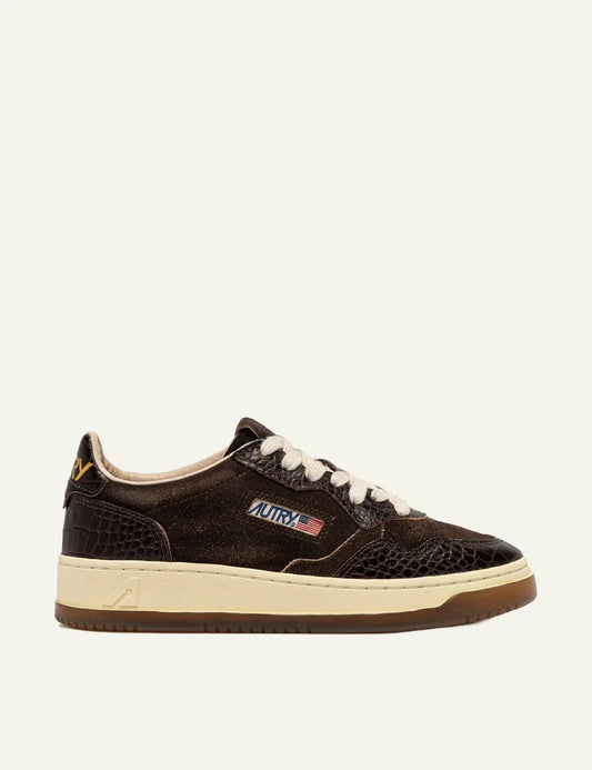 Autry women’s brown suede sneakers with crocodile-effect leather details