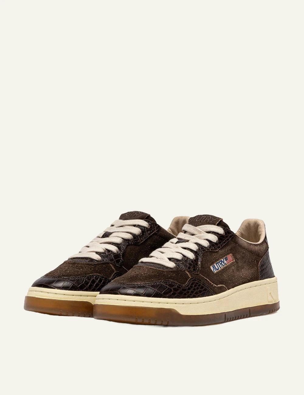 Autry women’s brown suede sneakers with crocodile-effect leather details profile