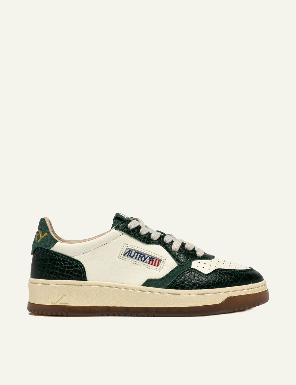 Autry women’s ivory leather sneakers with green crocodile-effect details