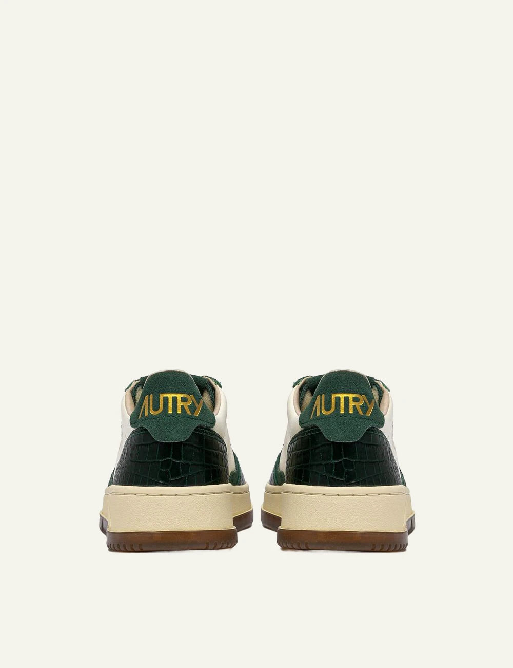 Autry women’s ivory leather sneakers with green crocodile-effect details back