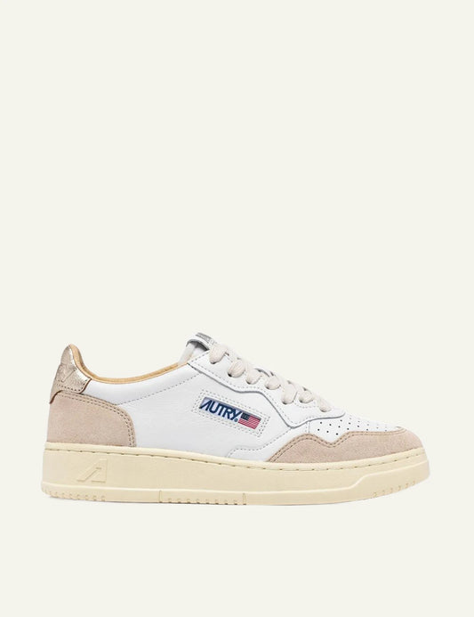 Women's Autry Medalist white leather and beige suede sneakers with metallic gold heel