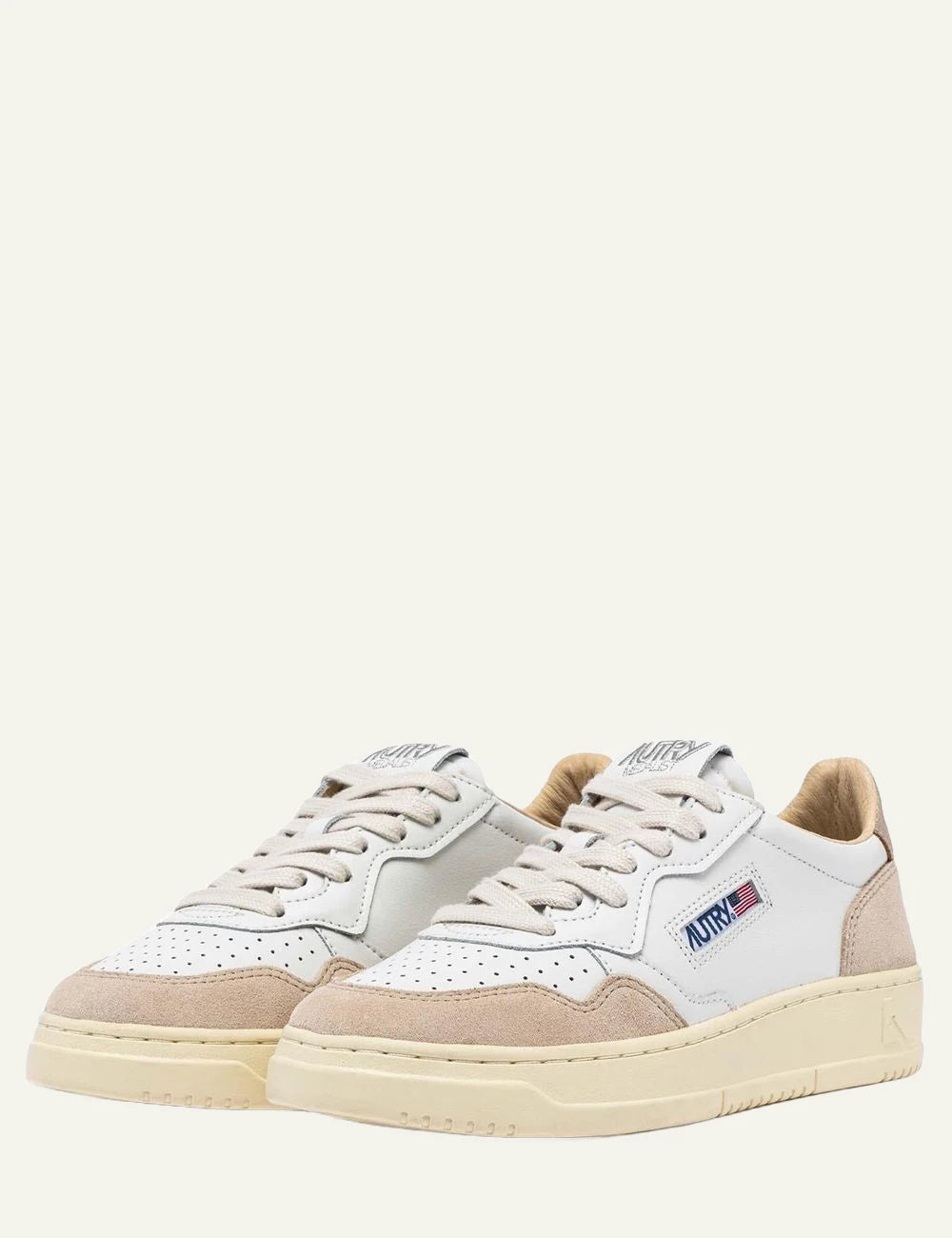 Women's Autry Medalist white leather and beige suede sneakers with metallic gold heel angled
