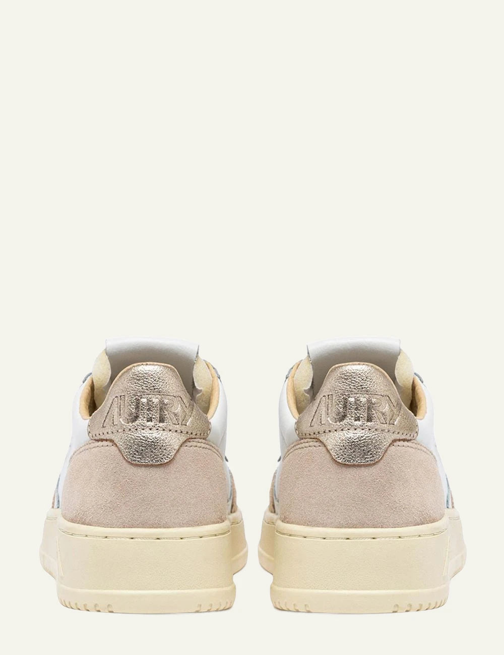Women's Autry Medalist white leather and beige suede sneakers with metallic gold heel back