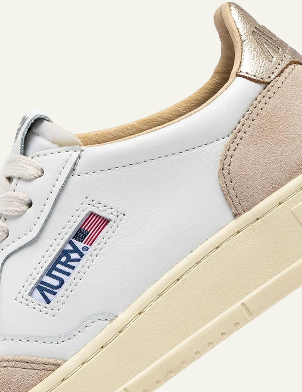 Women's Autry Medalist white leather and beige suede sneakers with metallic gold heel detail