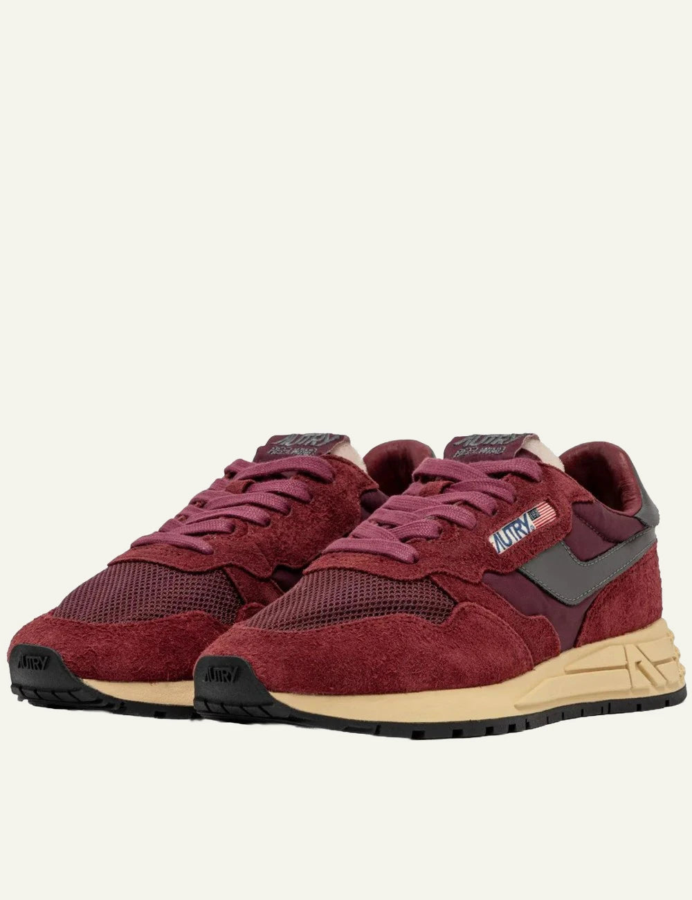 Women's Autry Reelwind burgundy suede leather and mesh sneakers with beige rubber angled