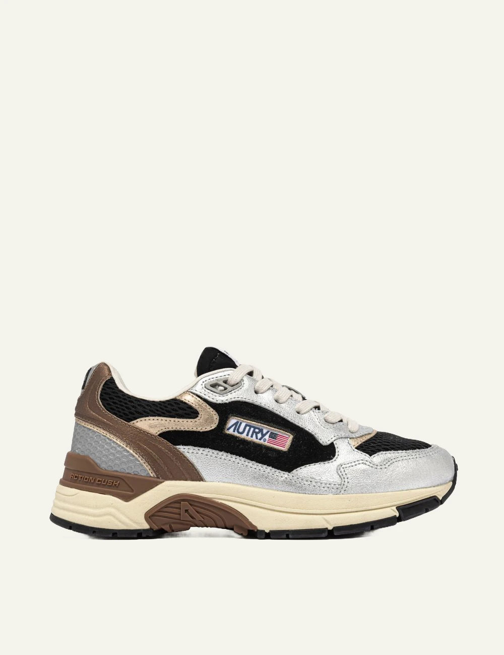 Autry women’s silver and black sneakers with suede and mesh details