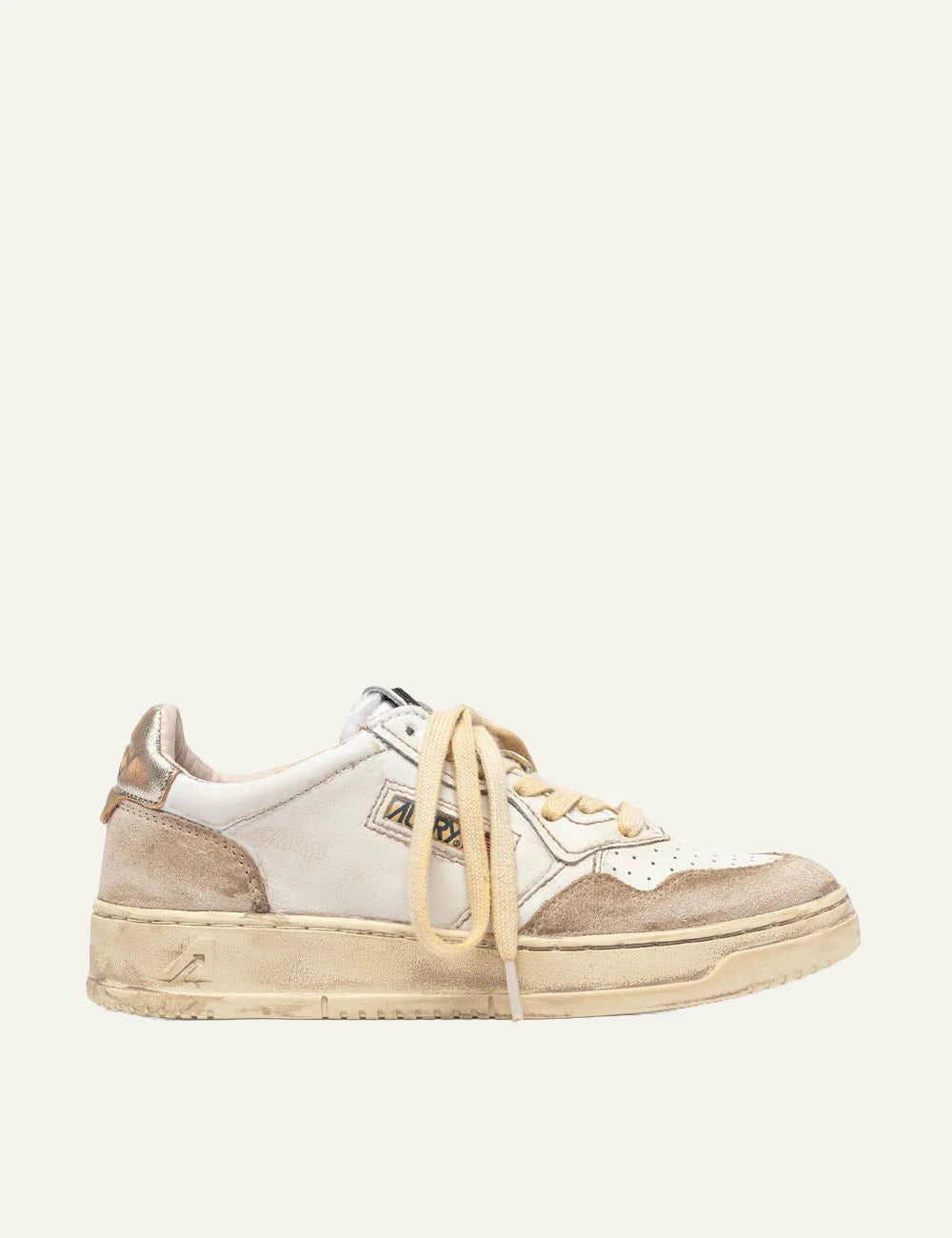 Autry Women’s Vintage White Leather And Beige Suede Sneakers With Gold Details