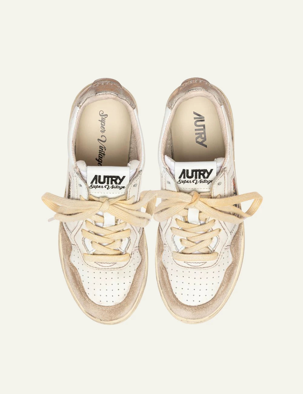 Autry Women’s Vintage White Leather And Beige Suede Sneakers With Gold Details top