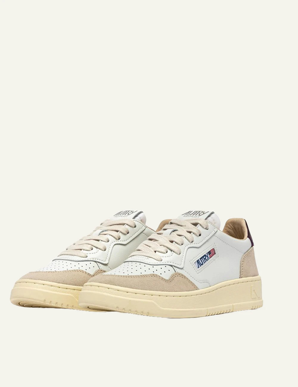 Autry Men’s White Leather And Beige Suede Sneakers With Burgundy Details front