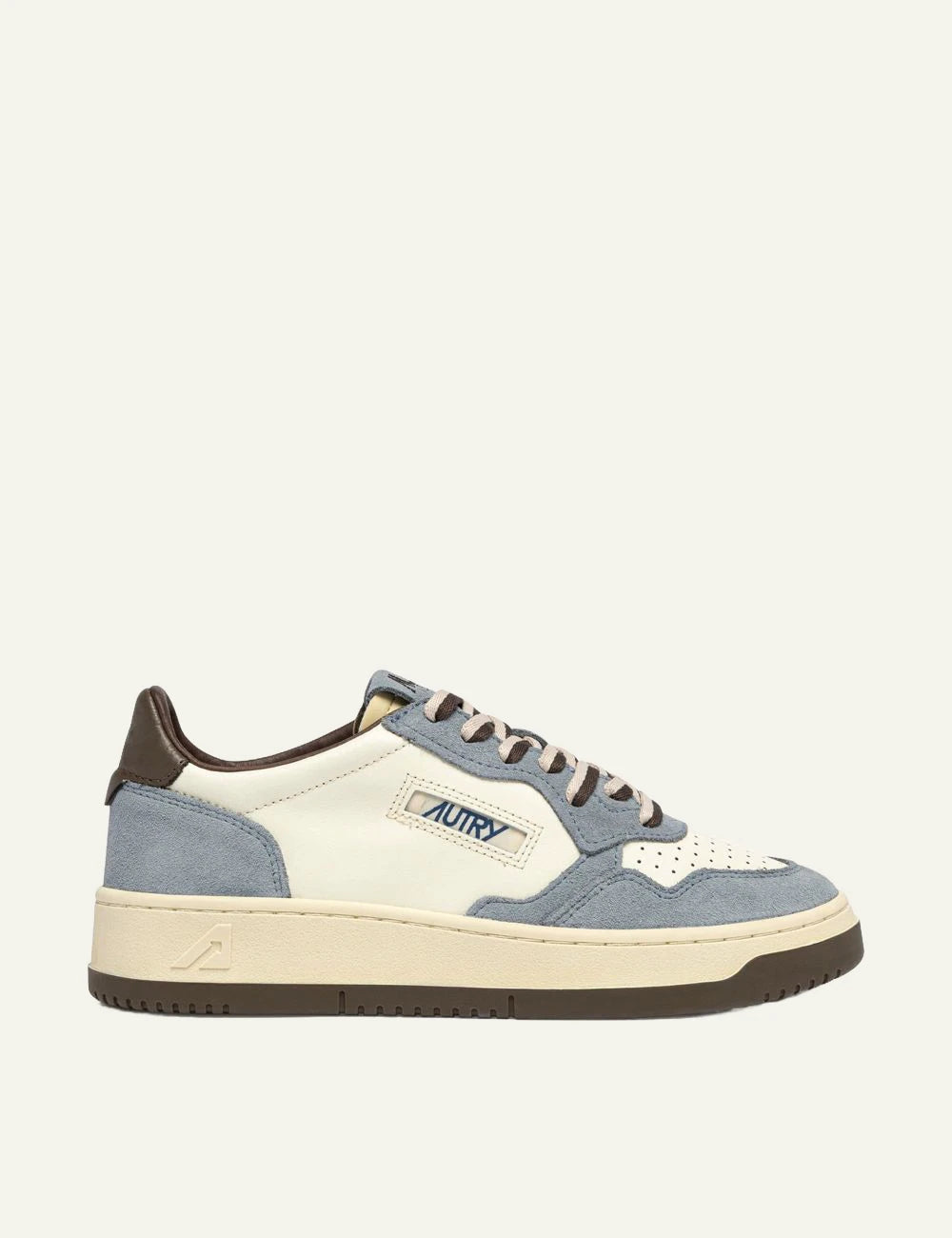 Autry women’s white leather sneakers with light blue suede and brown details