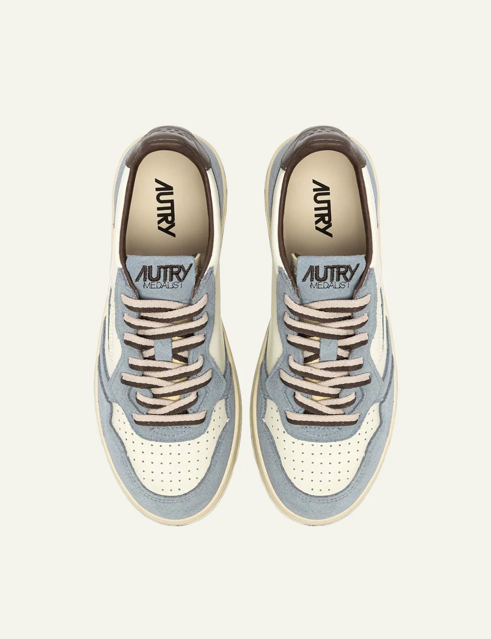 Autry women’s white leather sneakers with light blue suede and brown details top