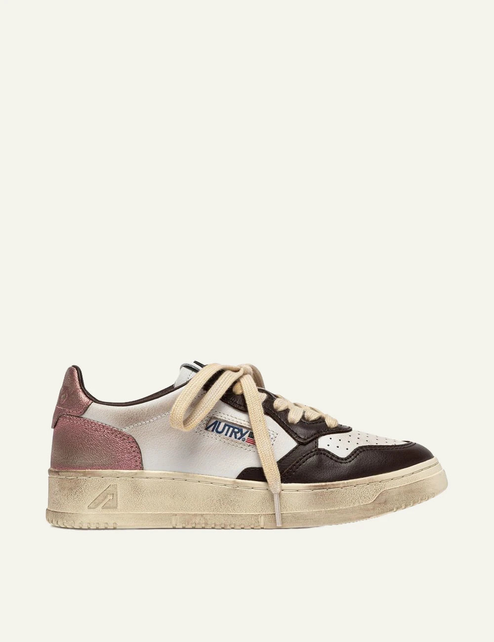 Autry women’s white leather sneakers with pink and dark brown vintage details