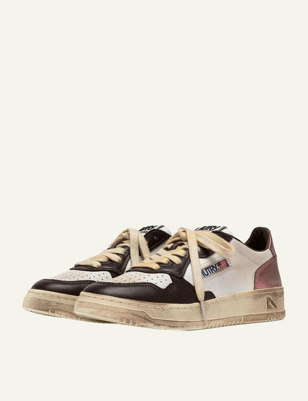 Autry women’s white leather sneakers with pink and dark brown vintage details profile