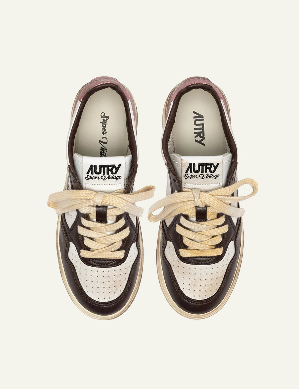 Autry women’s white leather sneakers with pink and dark brown vintage details top
