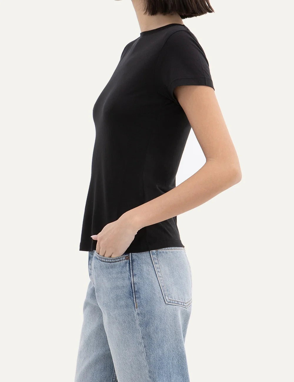 Women's Aya Muse black cotton T-shirt with short sleeves, crew neck and regular fit side