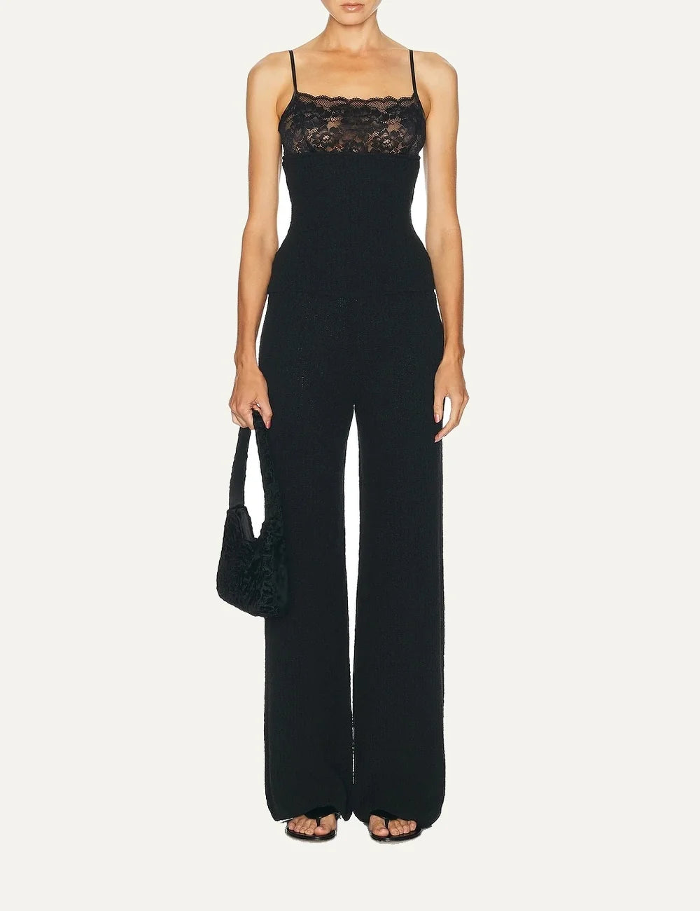 Women's Aya Muse black ribbed knit pants in cotton and Tencel blend with elasticated waist and wide legs full body