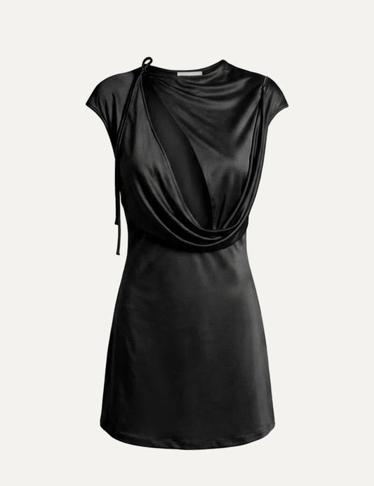 Women's Aya Muse black viscose mini dress with draped front, asymmetrical cut-out, boat neckline and softly flared skirt