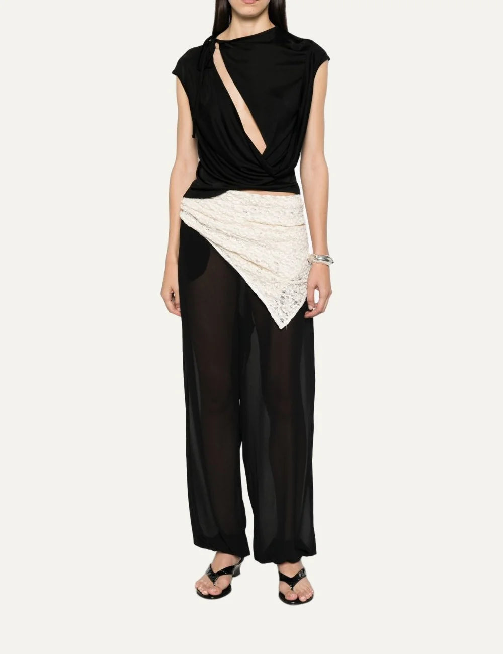 Women's Aya Muse black viscose draped top with diagonal front cut-out, high neckline and self-tie shoulder detail