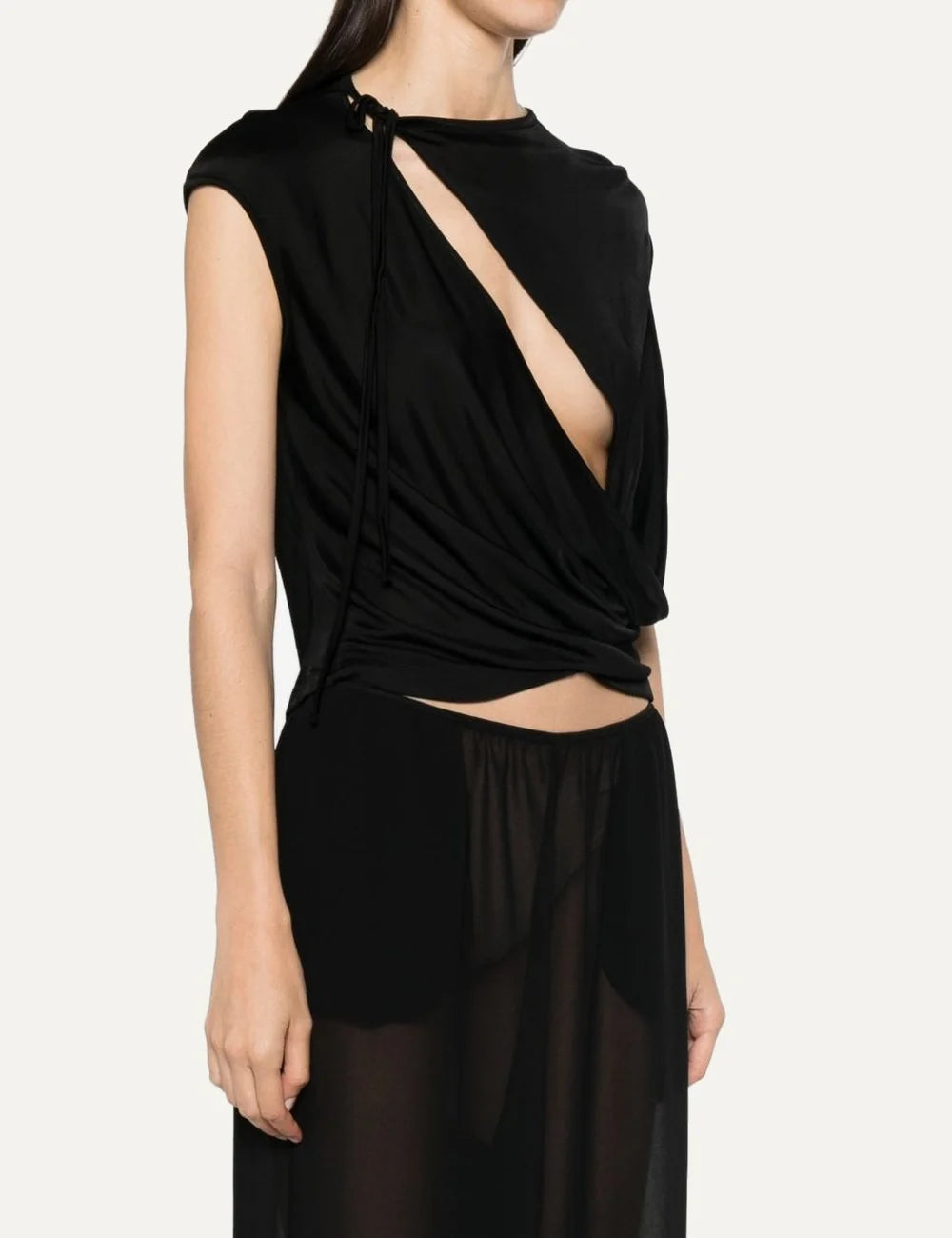Women's Aya Muse black viscose draped top with diagonal front cut-out, high neckline and self-tie shoulder detail side
