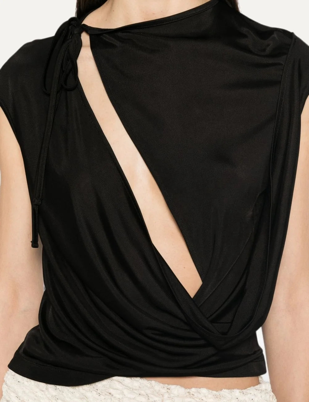 Women's Aya Muse black viscose draped top with diagonal front cut-out, high neckline and self-tie shoulder detail detail