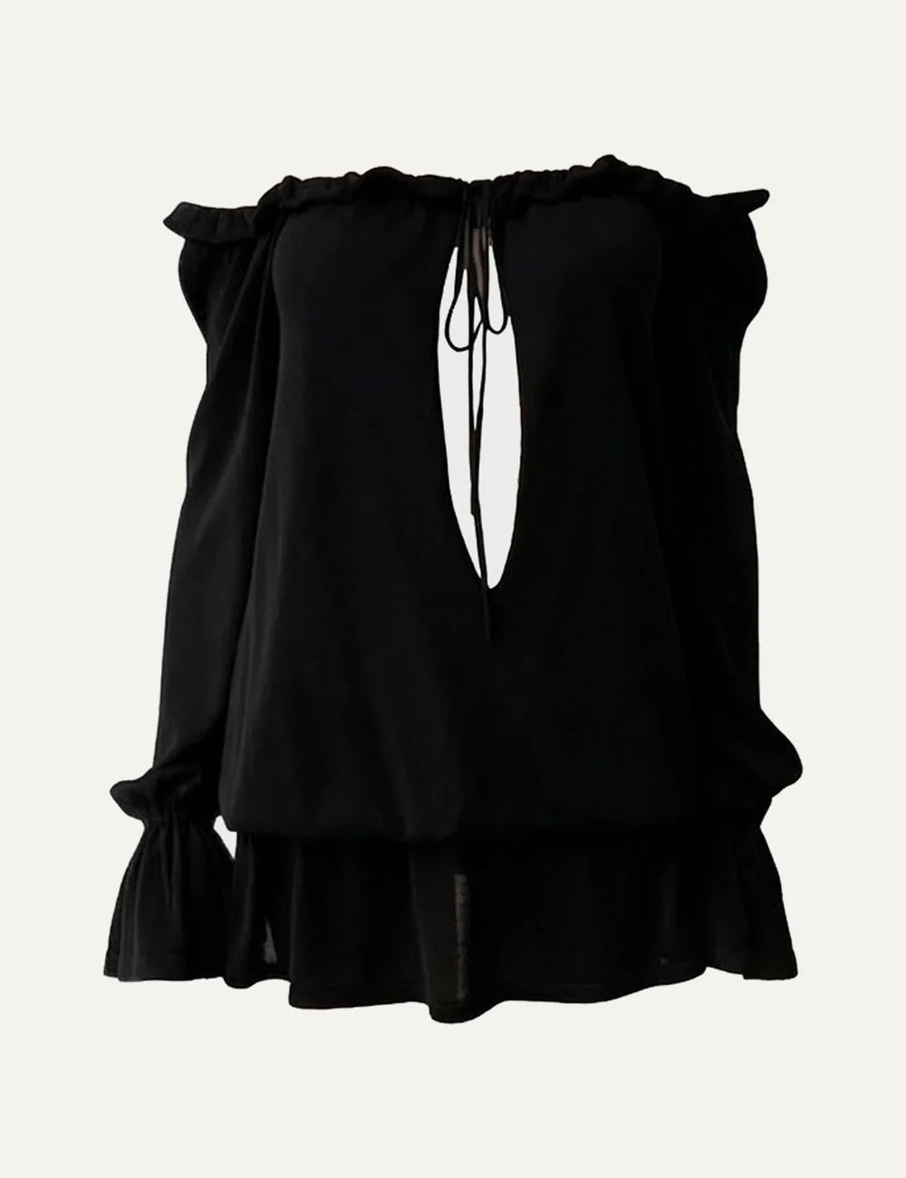 Women's Aya Muse black Tencel and silk off-shoulder blouse with front cut-out, self-tie neckline and ruffled trims