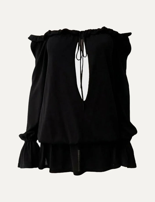 Women's Aya Muse black Tencel and silk off-shoulder blouse with front cut-out, self-tie neckline and ruffled trims