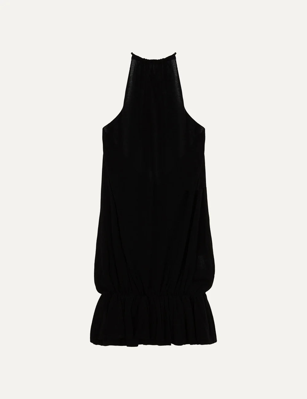 Women's Aya Muse black Tencel and silk mini dress with high neckline, sleeveless design, elasticated waist and ruffled hem