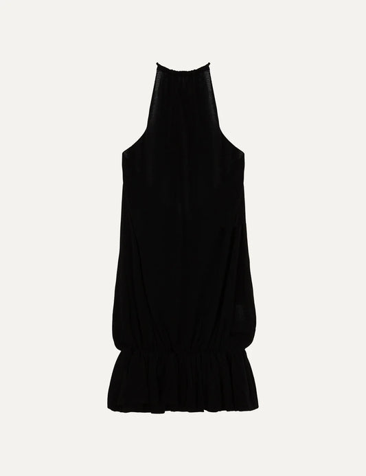 Women's Aya Muse black Tencel and silk mini dress with high neckline, sleeveless design, elasticated waist and ruffled hem