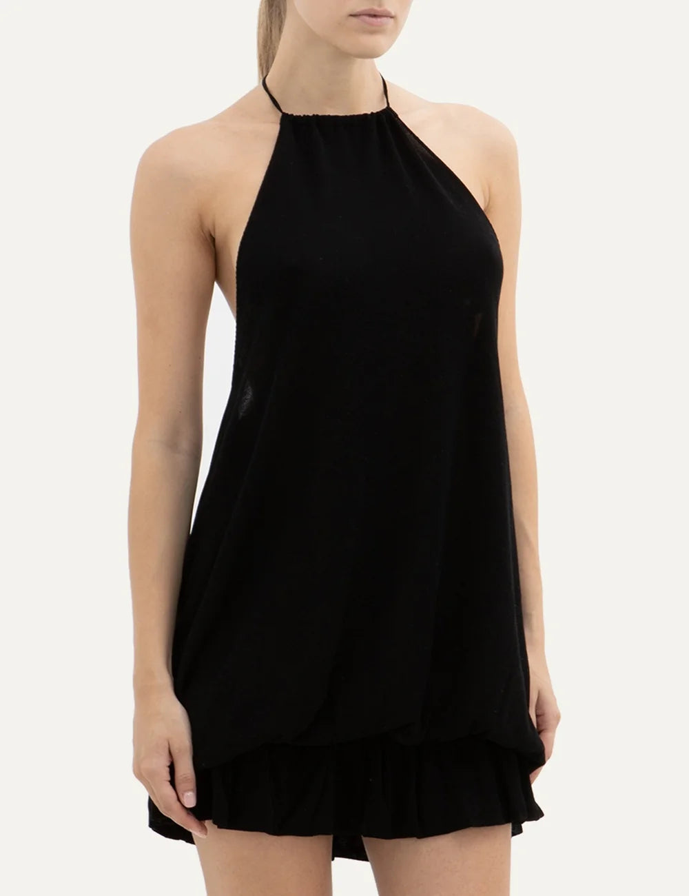 Women's Aya Muse black Tencel and silk mini dress with high neckline, sleeveless design, elasticated waist and ruffled hem model