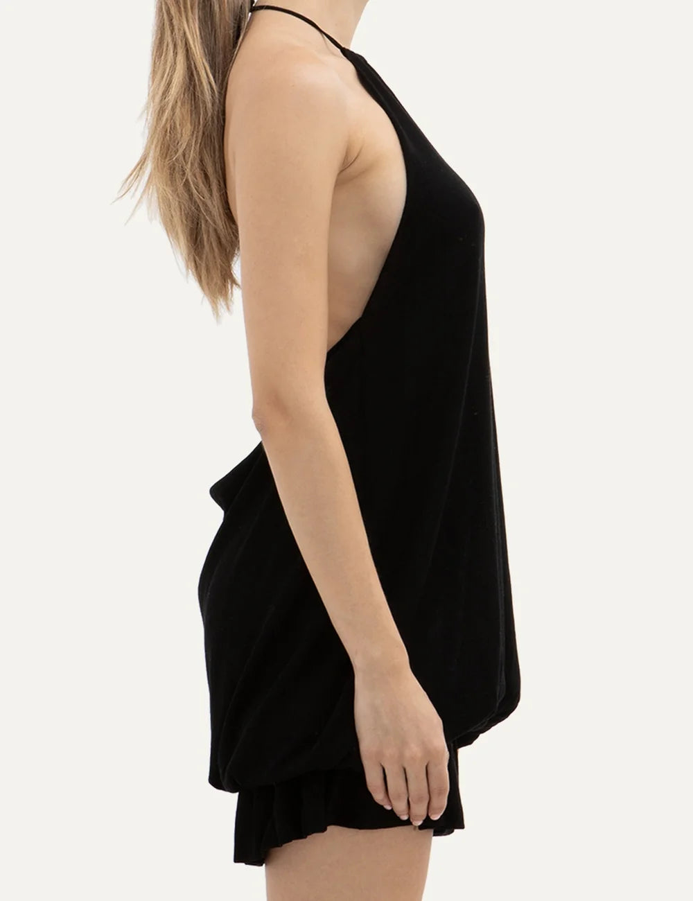 Women's Aya Muse black Tencel and silk mini dress with high neckline, sleeveless design, elasticated waist and ruffled hem side