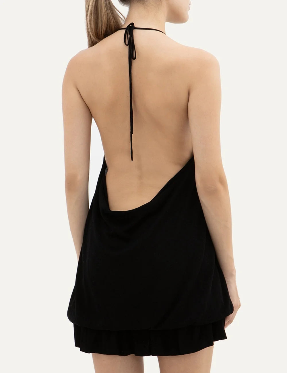 Women's Aya Muse black Tencel and silk mini dress with high neckline, sleeveless design, elasticated waist and ruffled hem back