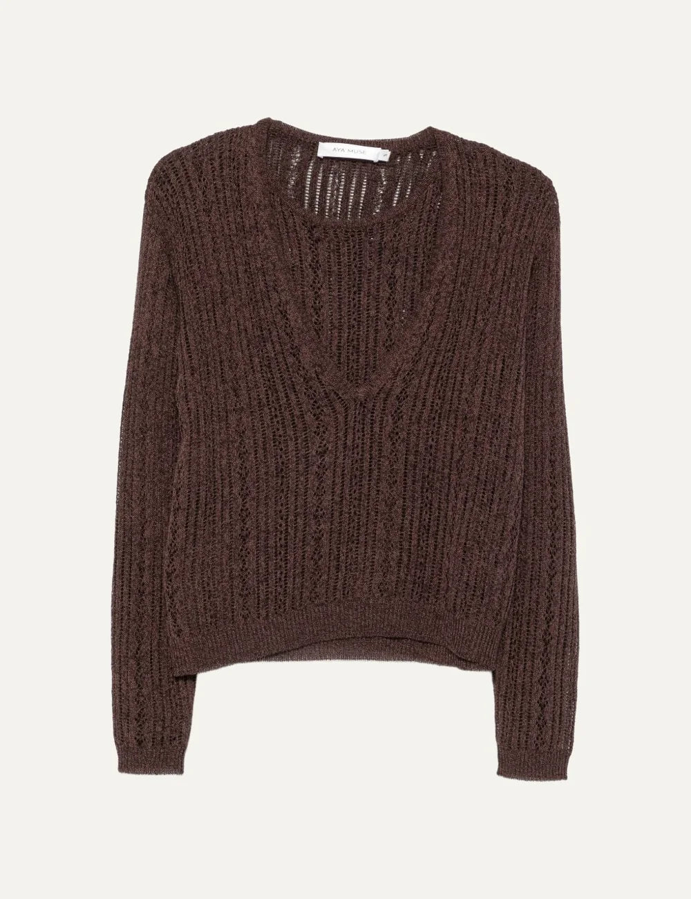 Women's Aya Muse brown cotton and silk open-knit sweater with layered crew and V-neck design and long sleeves