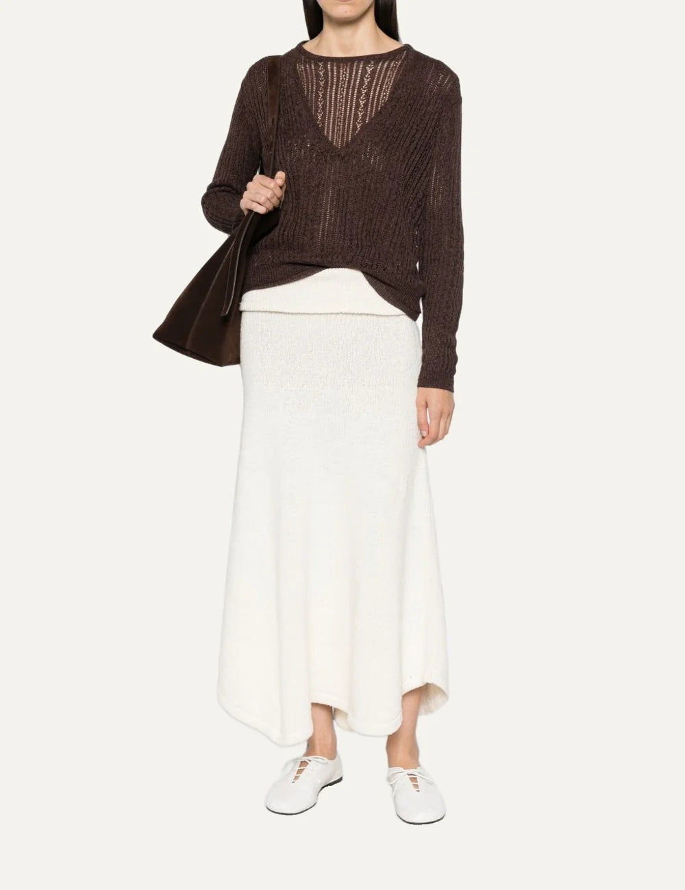 Women's Aya Muse brown cotton and silk open-knit sweater with layered crew and V-neck design and long sleeves full body