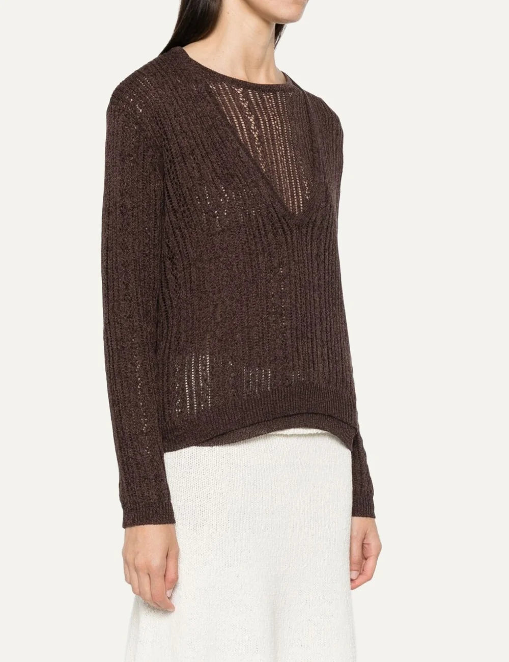 Women's Aya Muse brown cotton and silk open-knit sweater with layered crew and V-neck design and long sleeves side