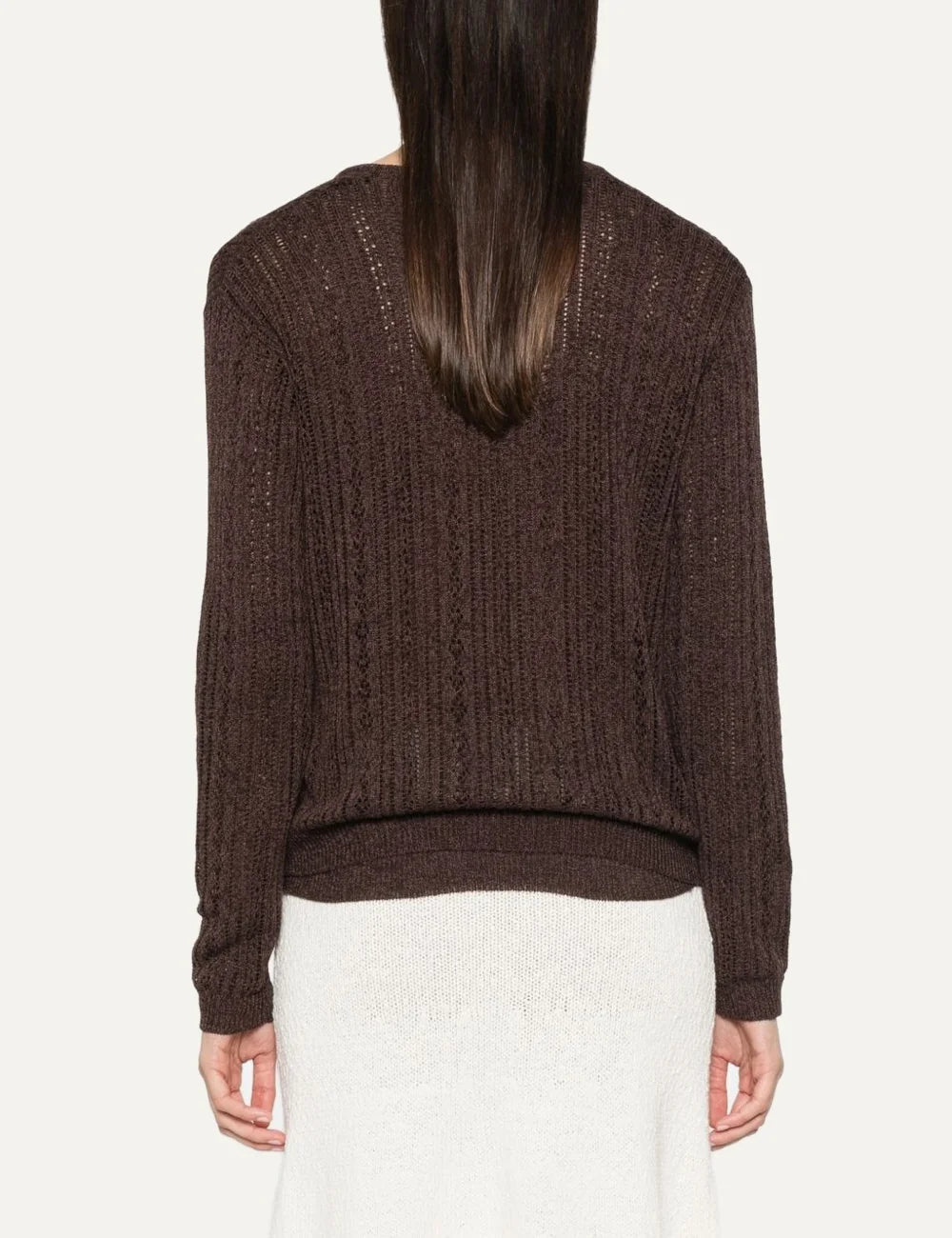 Women's Aya Muse brown cotton and silk open-knit sweater with layered crew and V-neck design and long sleeves back