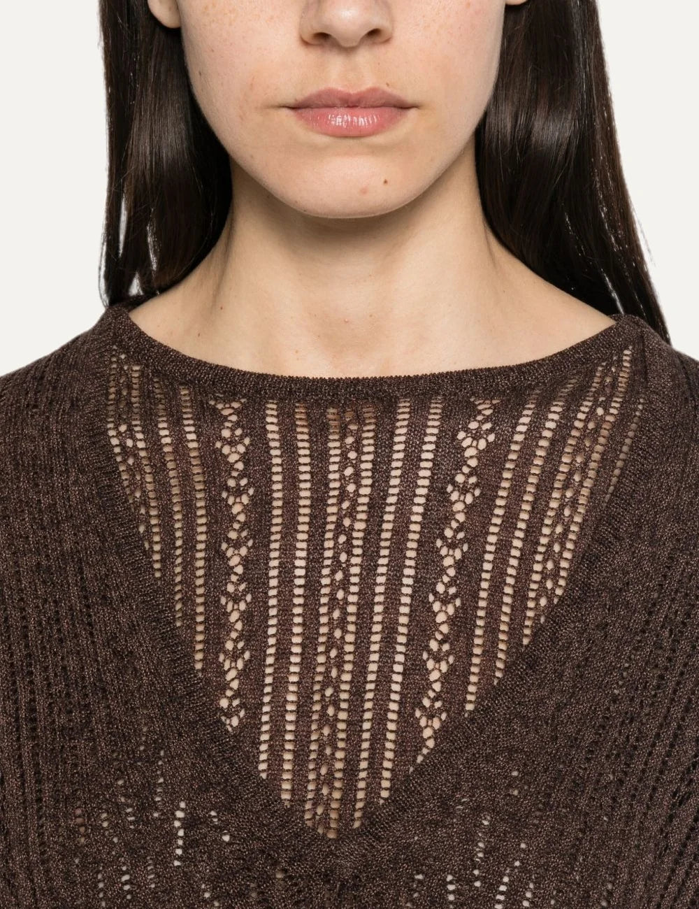 Women's Aya Muse brown cotton and silk open-knit sweater with layered crew and V-neck design and long sleeves detail