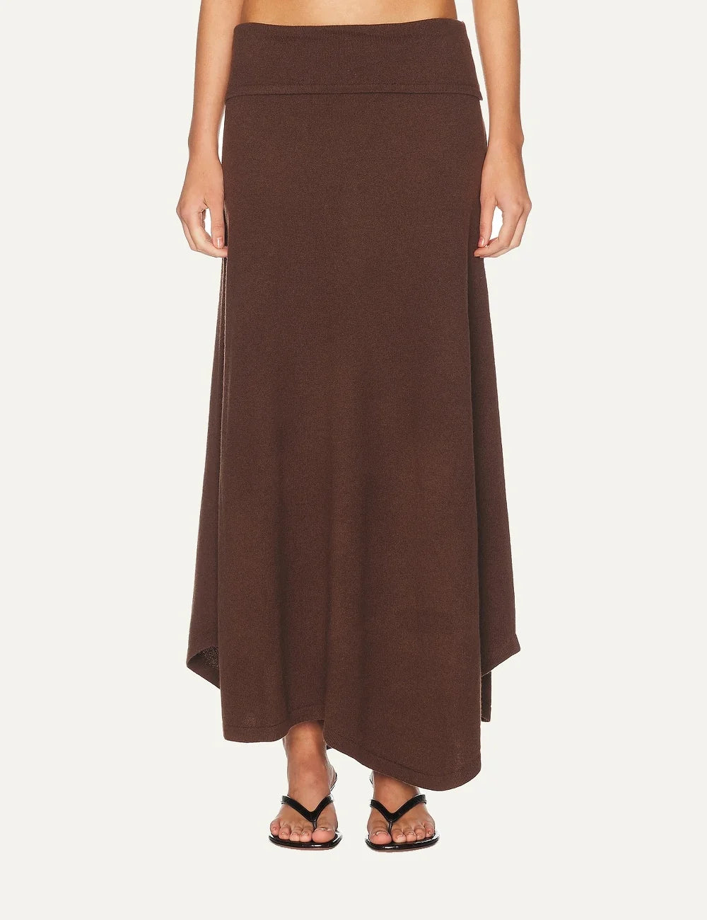 Women's Aya Muse brown maxi knit skirt in wool and cashmere blend with fold-over waistband and asymmetric hem